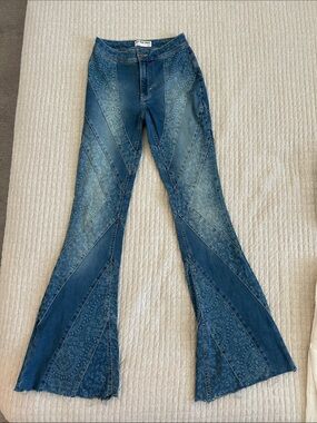 We The Free Free People Patchwork Paisley Flare Jeans Size 25 Boho
